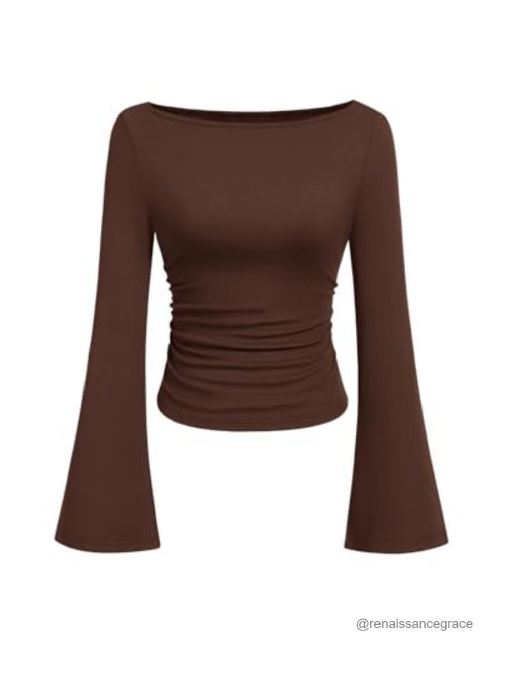 Women's Ribbed Knit Bell Sleeve Boat Neck Crop Top
